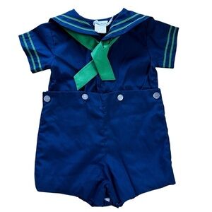 Vintage Baby Sailor Romper Navy Blue Green Nautical One-Piece Outfit Size 3-6 Mo